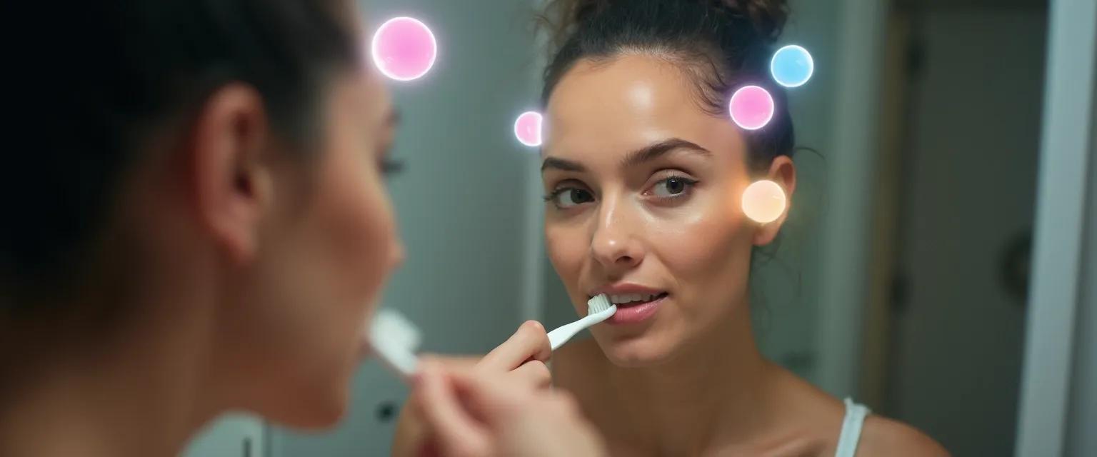 Person practicing subconscious mind exercises while brushing teeth in the morning
