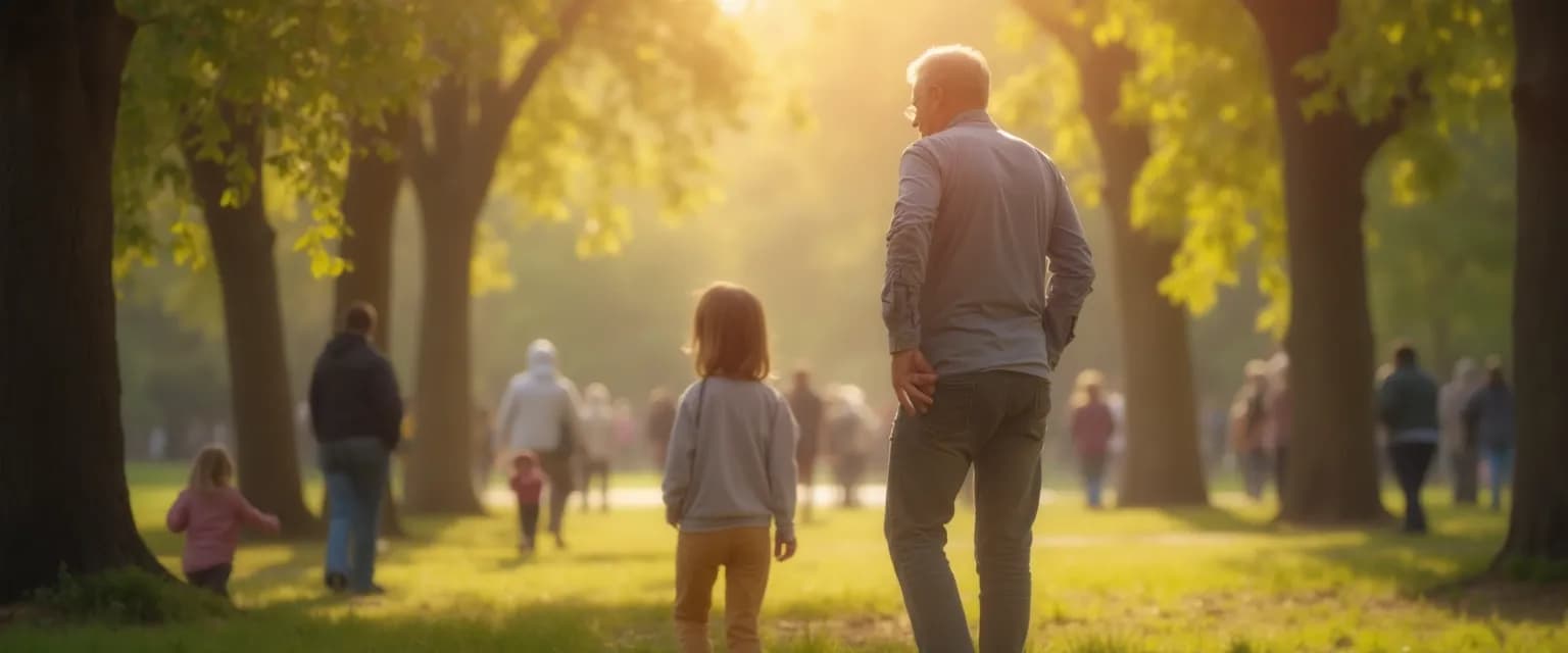 Parent demonstrating situational awareness skills during a family outing at a busy park