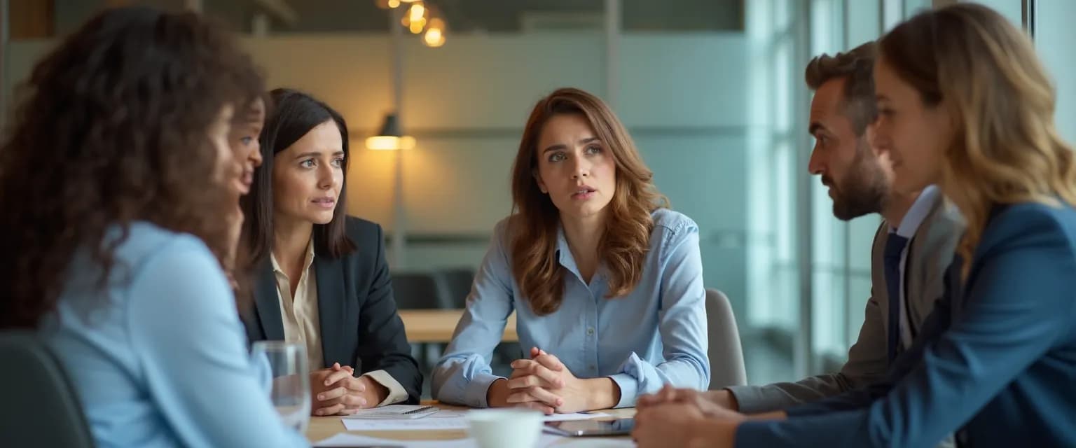 Middle manager demonstrating the relationship between emotional intelligence and leadership during team meeting