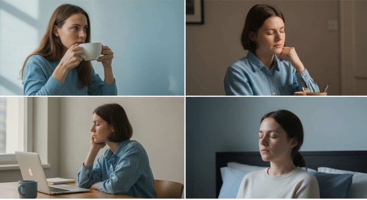 Person experiencing self awareness during everyday micro-moments while commuting and drinking coffee