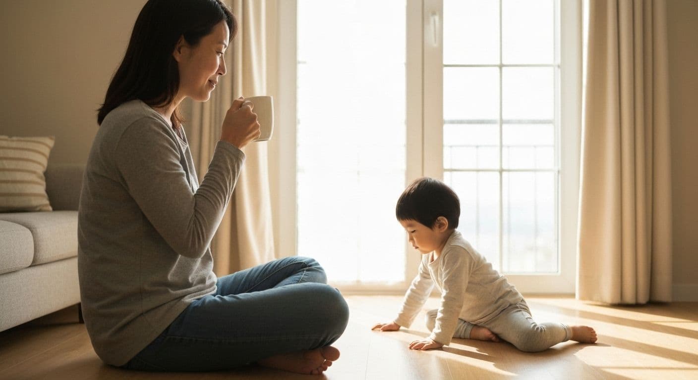 Parent practicing mindful living while preparing meal with child in bright kitchen