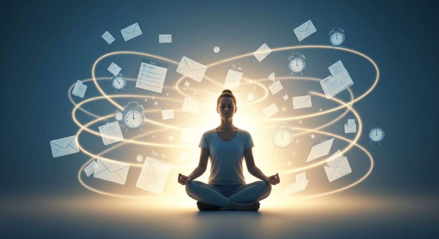 Person practicing mindfulness during busy workday, showing how mindfulness is a practical tool for managing daily overwhelm