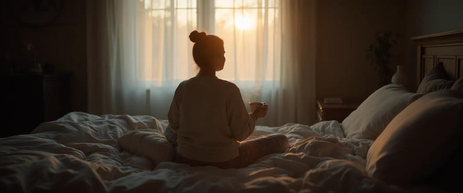 Person practicing morning mindfulness by window with coffee, demonstrating a gentle dawn ritual for night owls