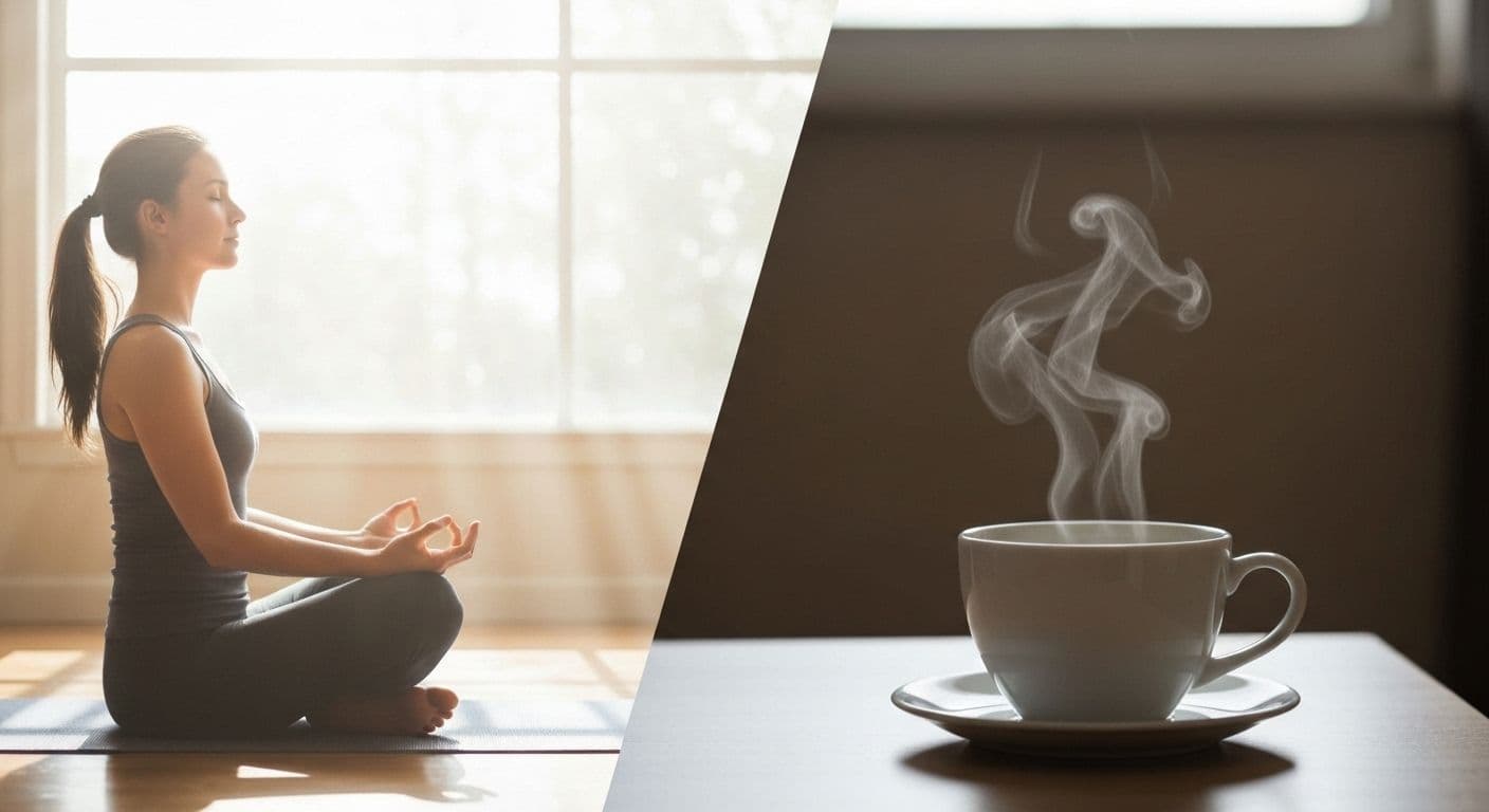 Person practicing meditation for mental health in peaceful morning setting