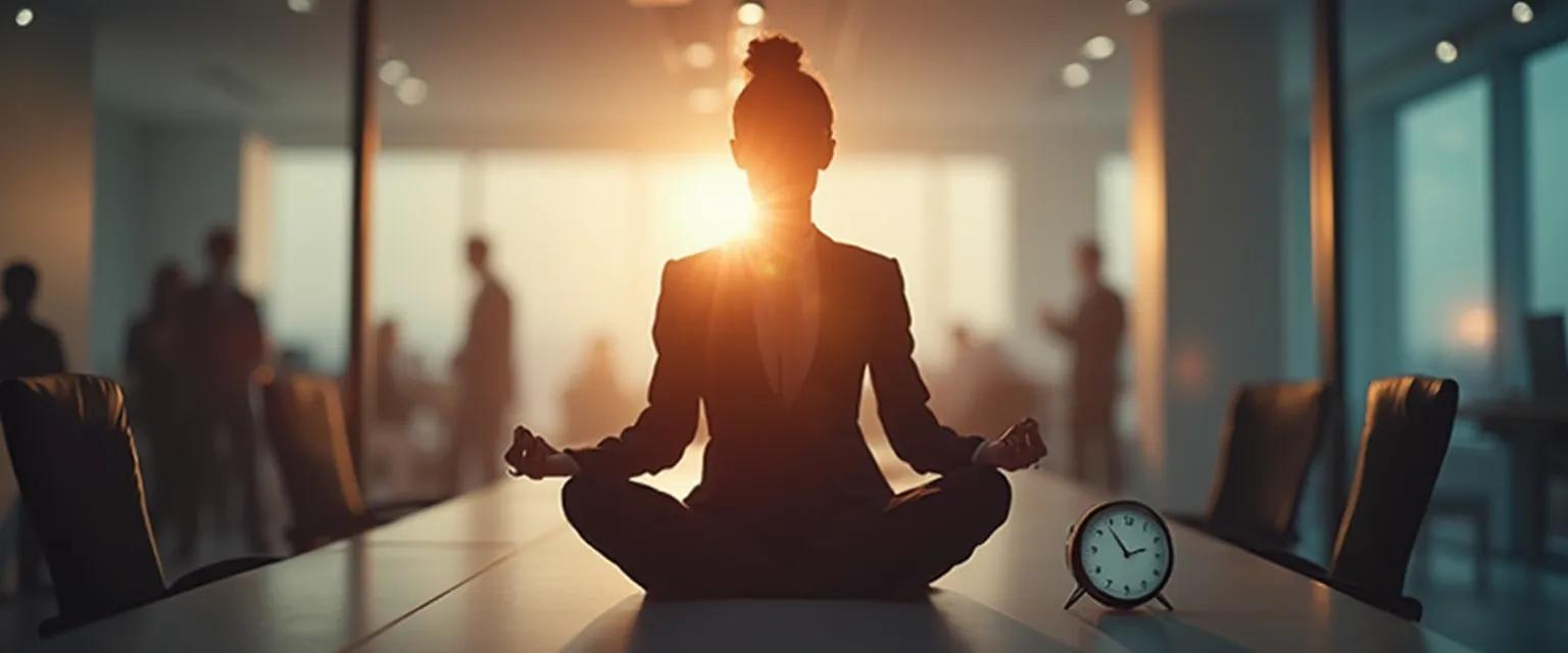 Professional practicing quick meditation for anxiety at desk between meetings