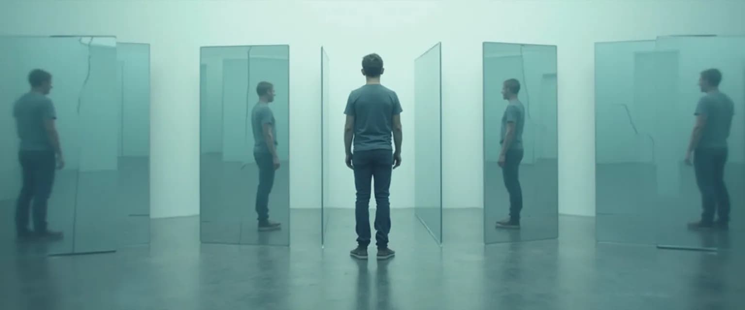 Person caught in anxiety hyper self awareness feedback loop looking at reflection