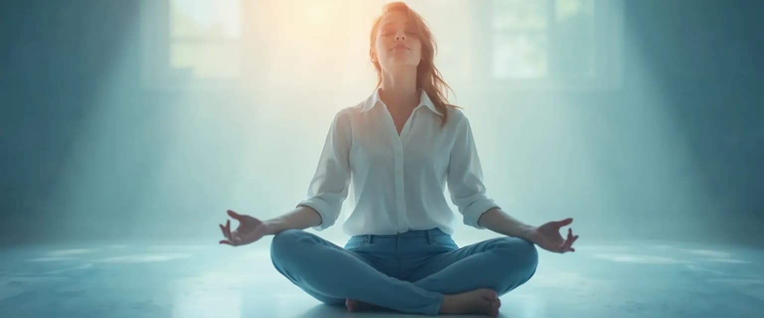 Entrepreneur practicing MBSR mindfulness techniques during a busy workday