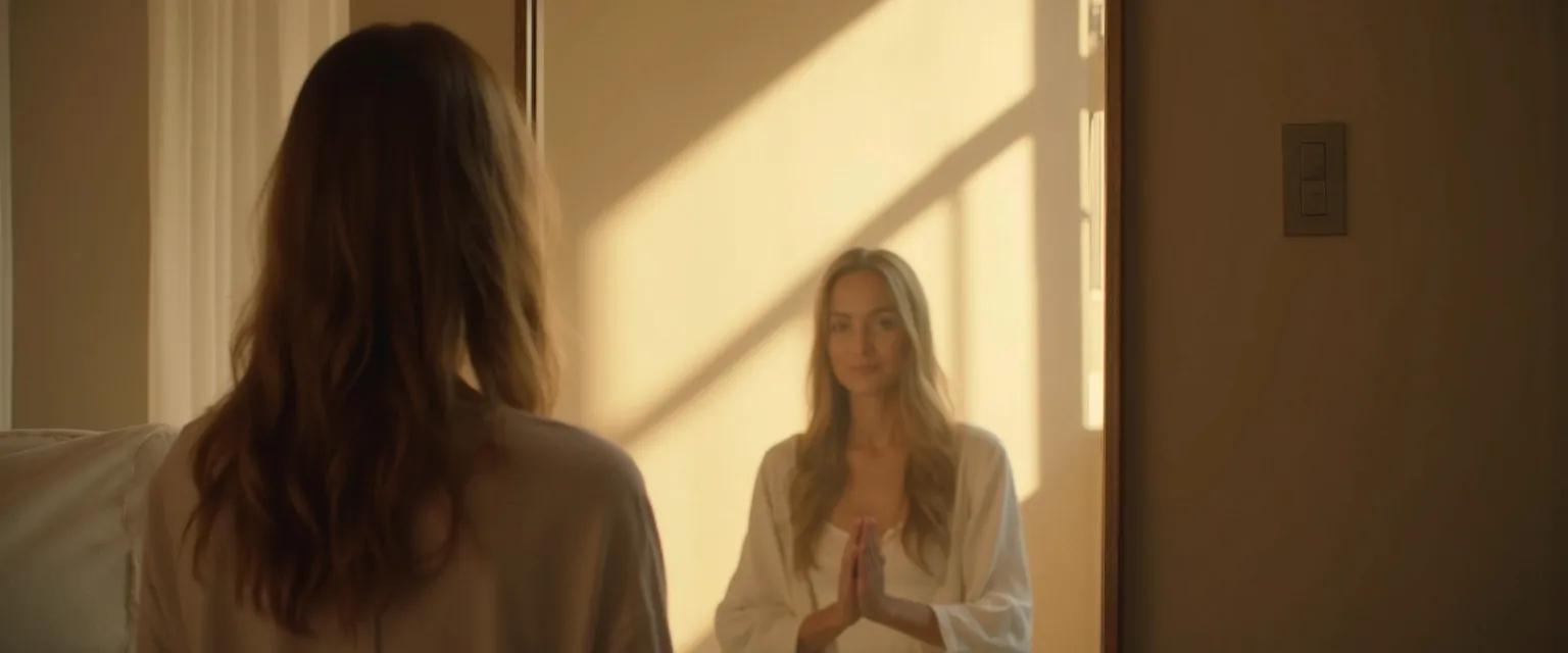 Woman practicing self awareness positive psychology techniques with a peaceful expression