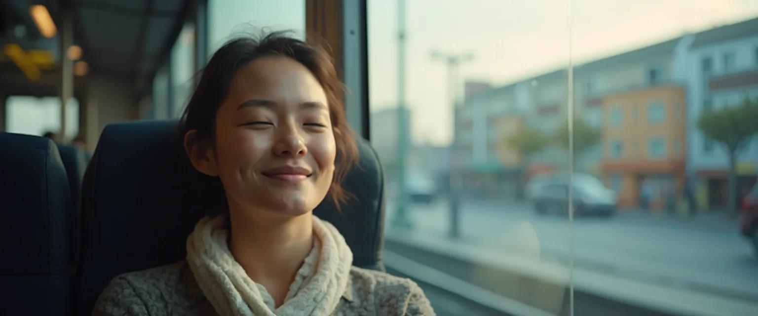 Person practicing smiling mind meditation techniques while commuting on public transport
