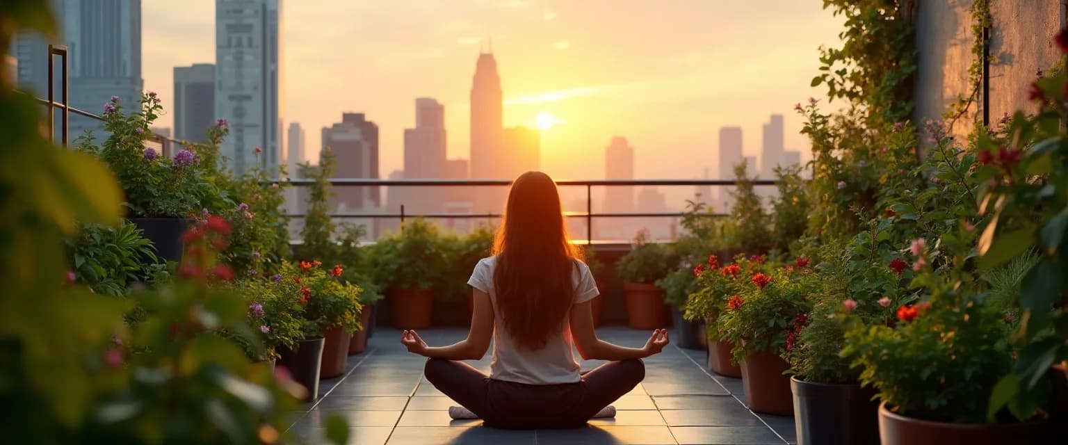 Person cultivating a spiritual mind through mindful urban gardening in a small city apartment