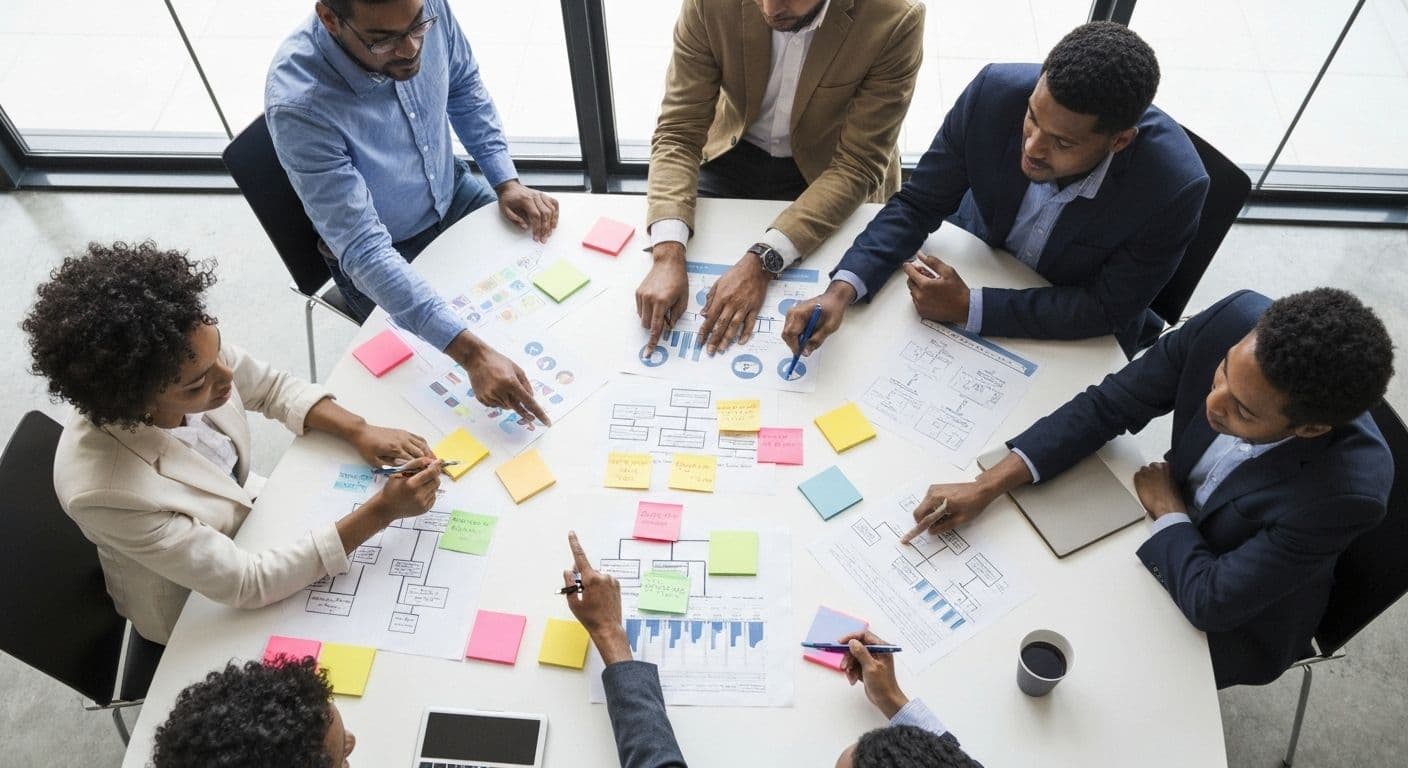 Team leader reviewing organizational awareness self assessment examples on laptop with colorful template diagrams showing communication patterns and team dynamics