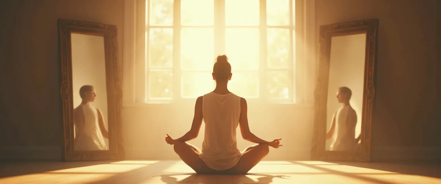 Person practicing reflective self-awareness with mirror showing clearer reflection