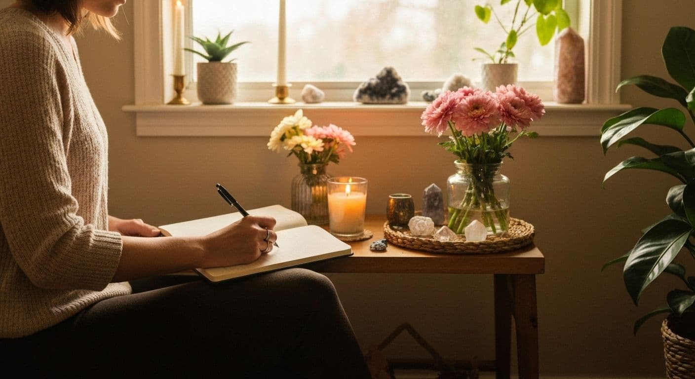 Peaceful mindful soul center for wellbeing with morning ritual elements including candle, cushion, and natural light