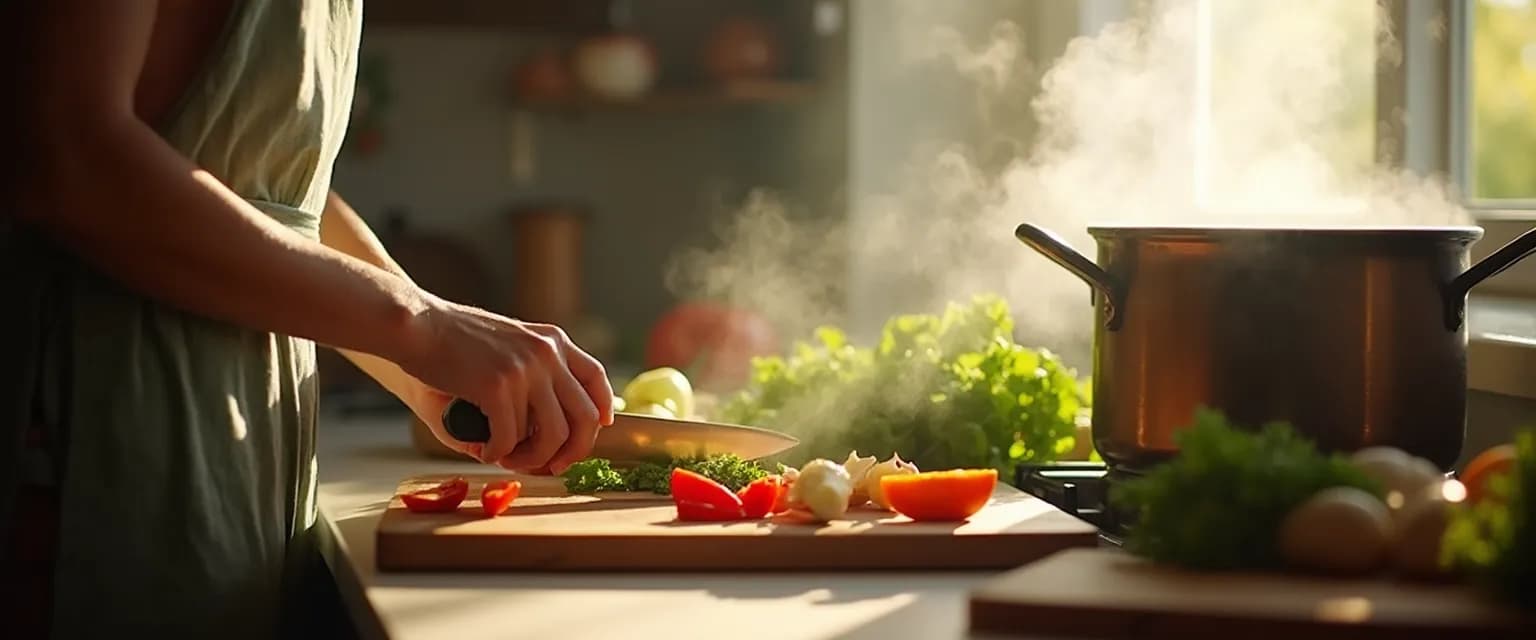 Person being mindful while chopping vegetables in a sunlit kitchen