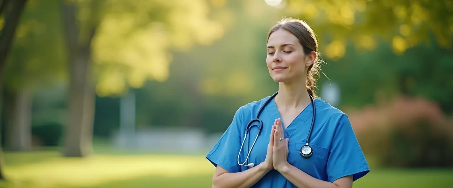 Healthcare professional practicing NHS mindfulness technique during a short break