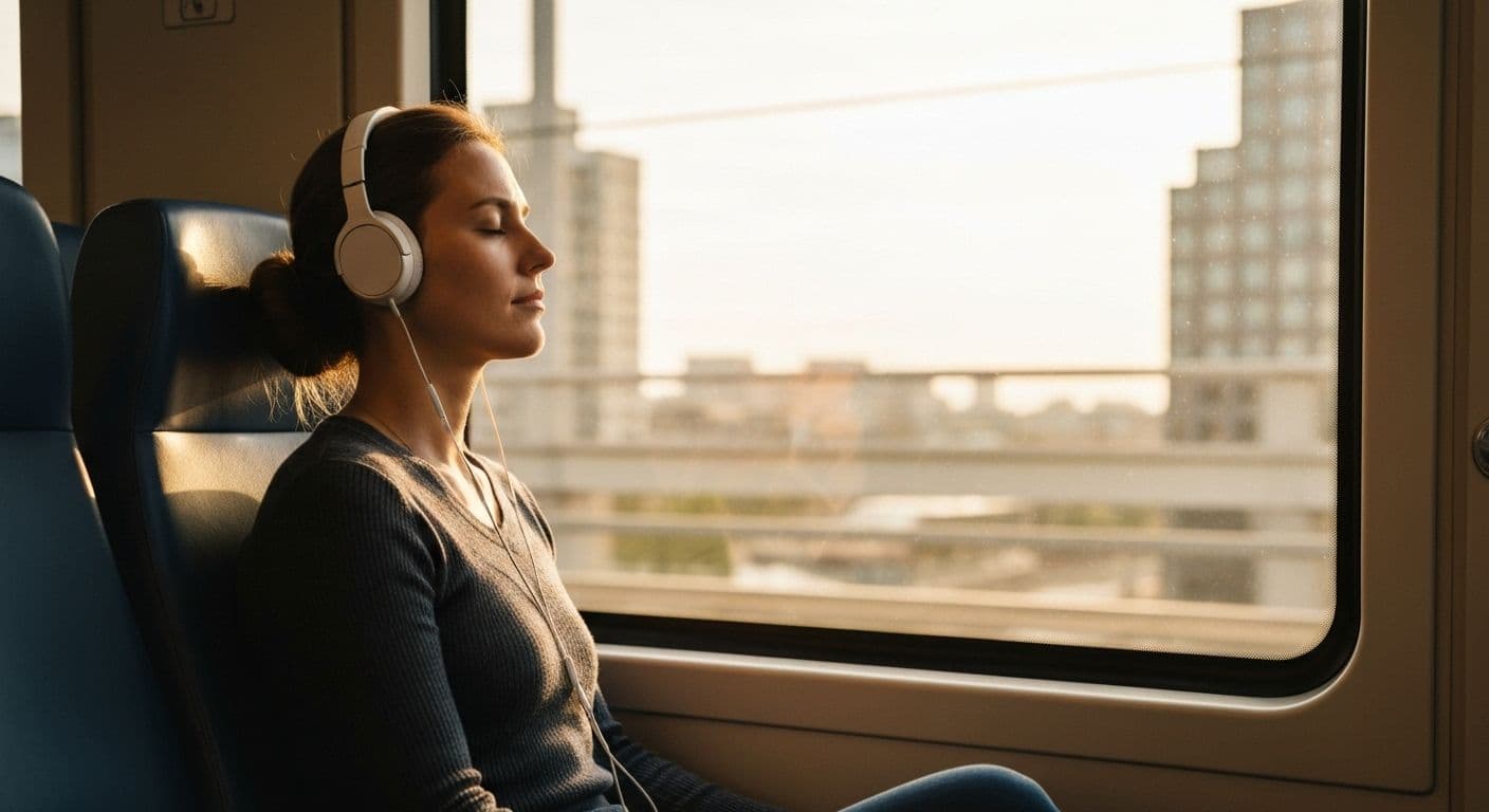 Commuter using Re:Mind Studio app for mindfulness practice during daily train ride
