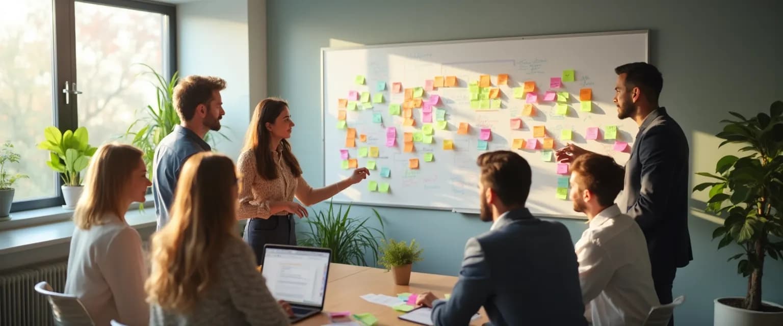 Team members engaged in emotional intelligence exercises in a collaborative workspace