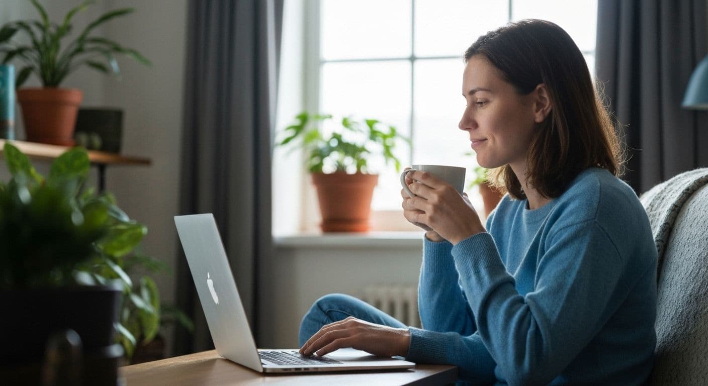 Person finding comfort through grief share online support on laptop in peaceful home setting